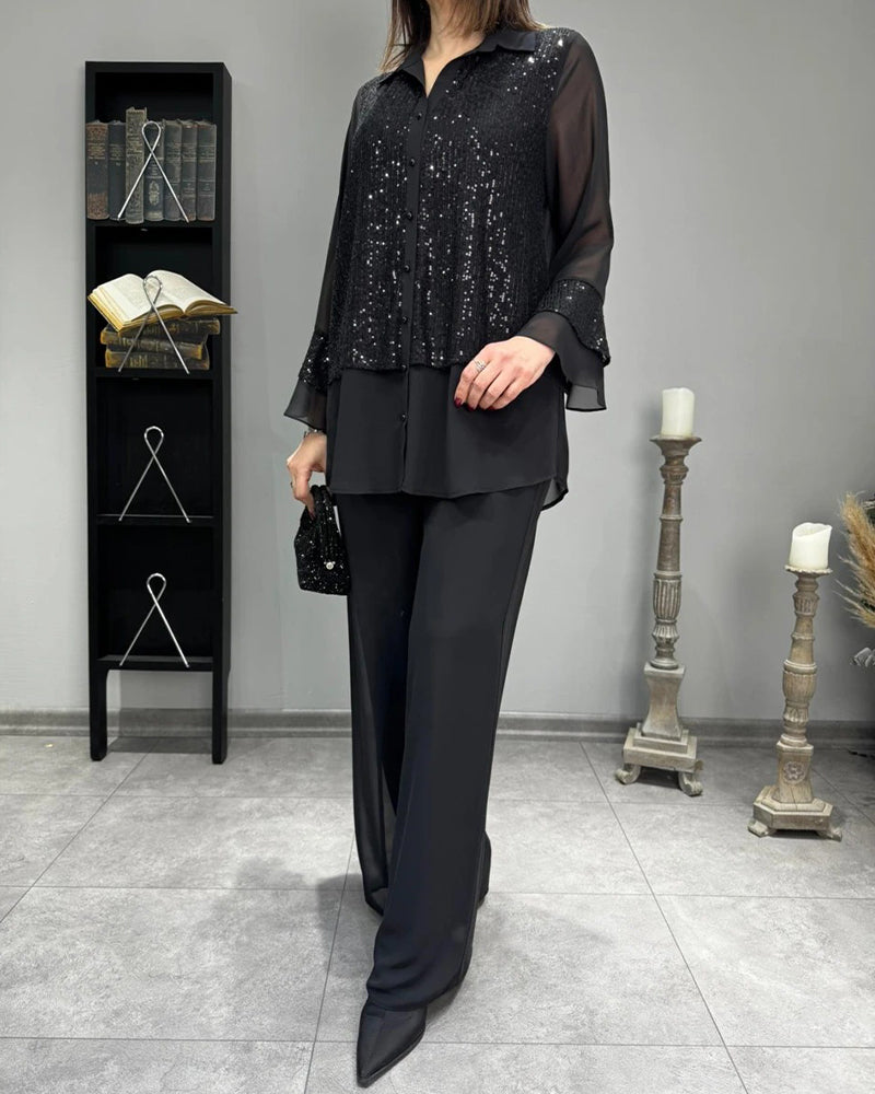 Lapel Buttoned Ruffle See-Through Top