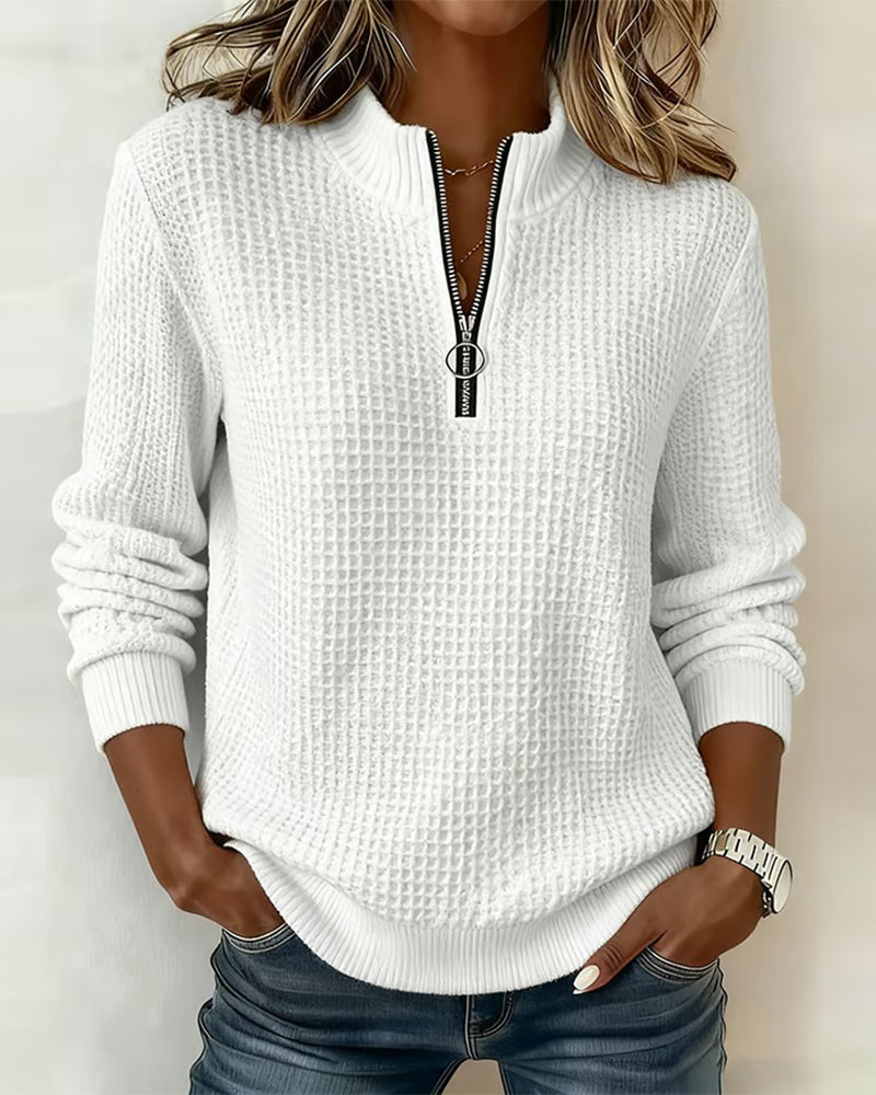 Stand-Collar Zip Long-Sleeve Waffle Sweatshirt