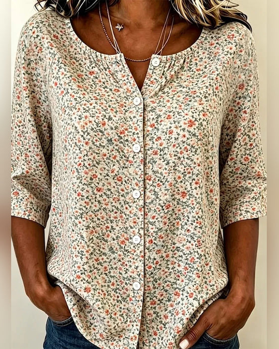 Crewneck Button Floral Three-Quarter Sleeve Blouses