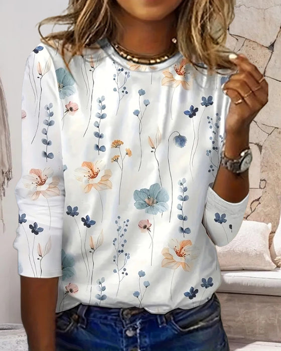 Round neck long sleeve printed top