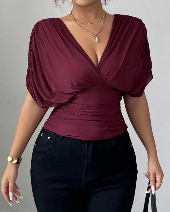 Solid Color Deep V-Nee Waist Short Sleeve Blouse