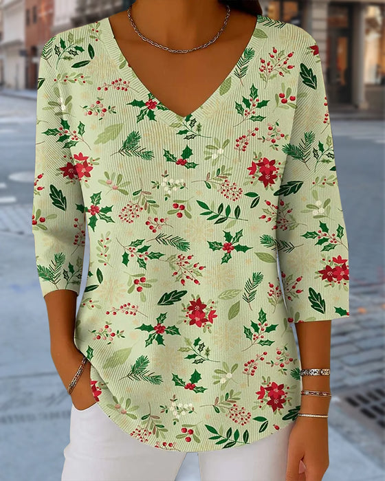 Women's Christmas Print V-Neck 3/4 Sleeve Casual Loose knitted top