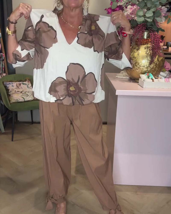 V-Neck Floral Mid-Length Sleeve Relaxed Blouse