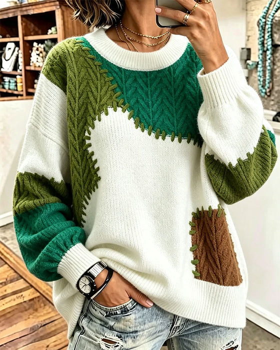 Round Neck Contrasting Dropped Shoulder Patchwork Pullover