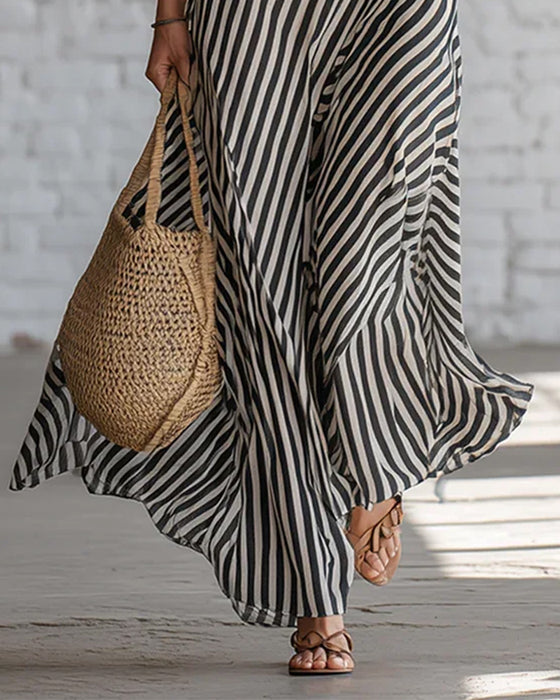 Off-The-Shoulder Striped Long Dress