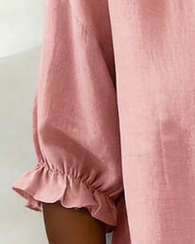 Peter Pan Collar Cotton Linen Ruffled Button-Front Shirt