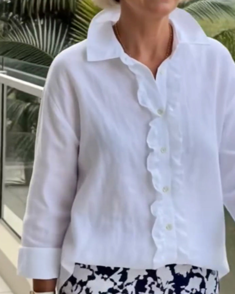 Ruffled Long-Sleeved Solid-Color Collared Blouse