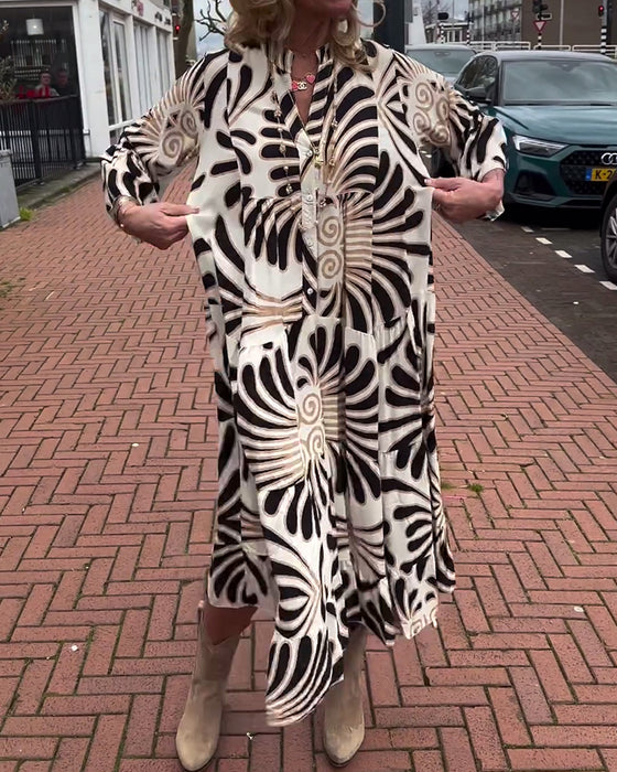 Printed  V neck Flare Sleeve  dress