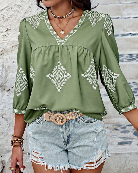 V-Neck Diamond Print Three-Quarter Sleeve Blouse