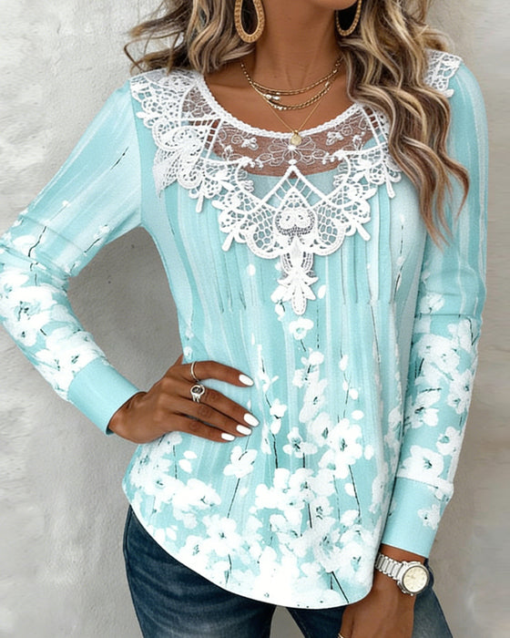Lace-Trimmed Round-Neck Floral Long-Sleeved Top
