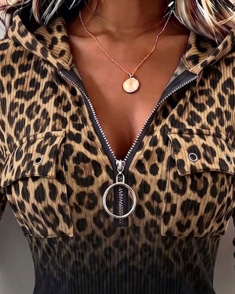 Hooded Zip Leopard Gradient Top