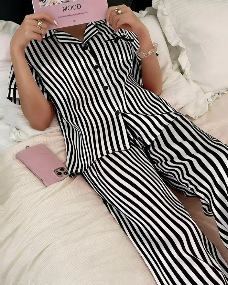 Striped Shirt Collar Bow Pajama Set