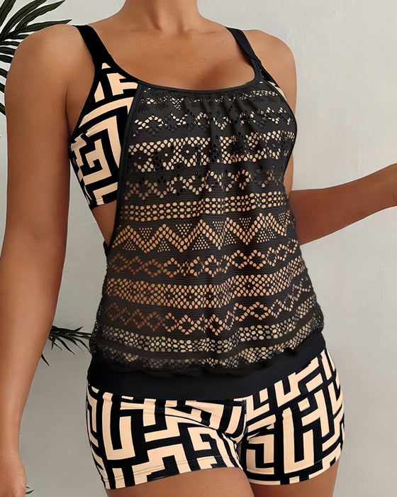 Lace Cutout Geometric Print Tankini