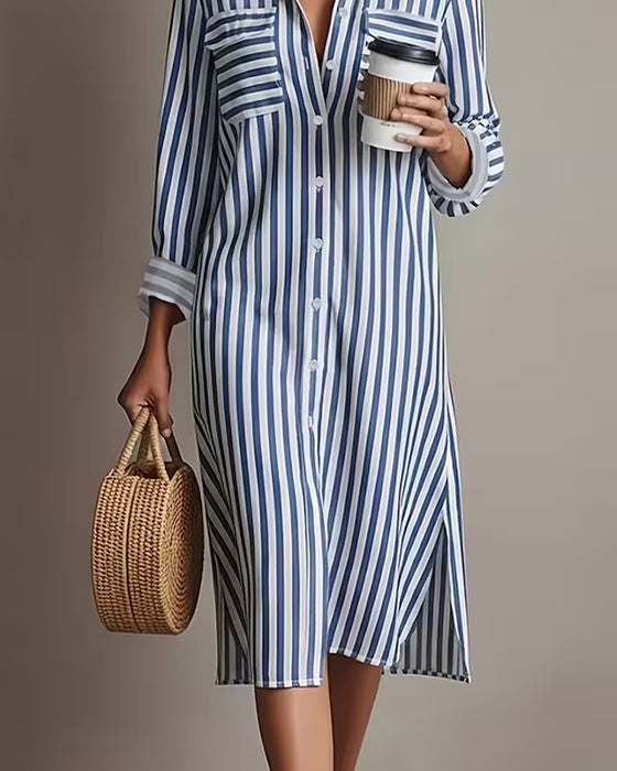 Lapel Vertical Stripe Shirt Dress