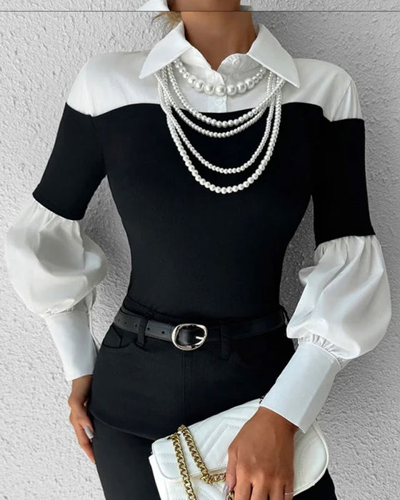 Color-Block Off-Shoulder Lantern Sleeve Patchwork Top