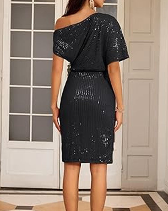 V-neck off-shoulder sequined elegant dress