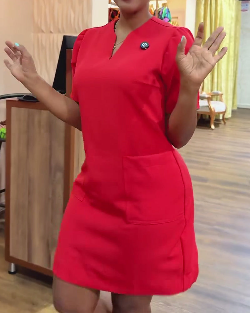 Solid Color V-Neck Pocket Dress