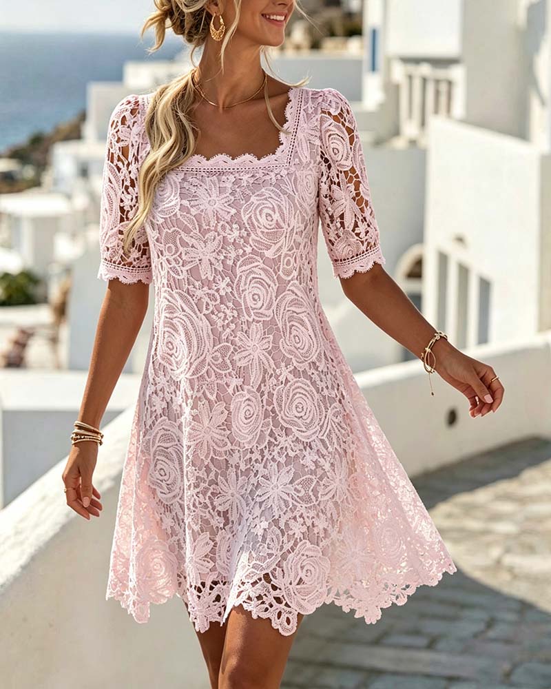 Lace Patchwork Hollow Square Neck Dress
