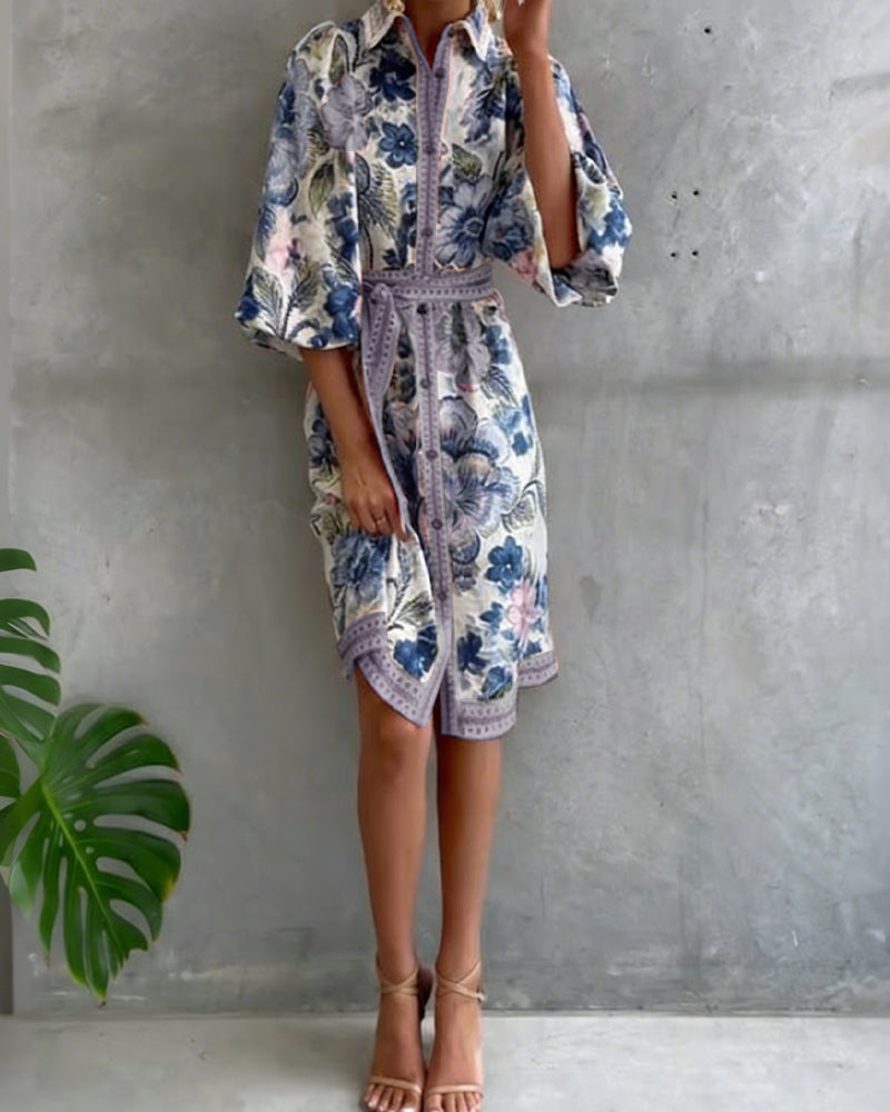 French Lantern Sleeve Notched Collar Printed Dress