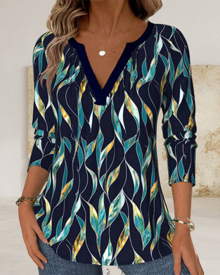 Casual Leaf Print V-Neck T-Shirt