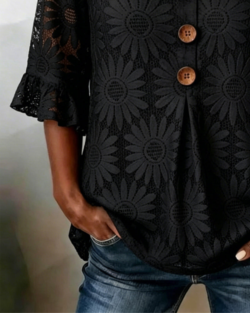 Ruffled Daisy-Print Blouse With Ruffle Sleeves