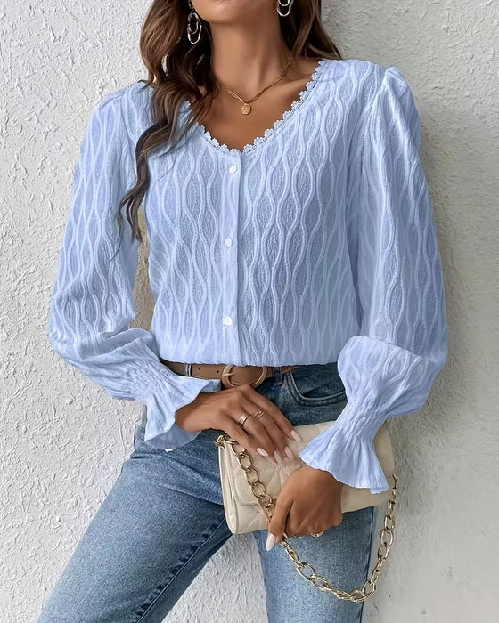 Elegant Jacquard Ruffle Sleeve Blouse