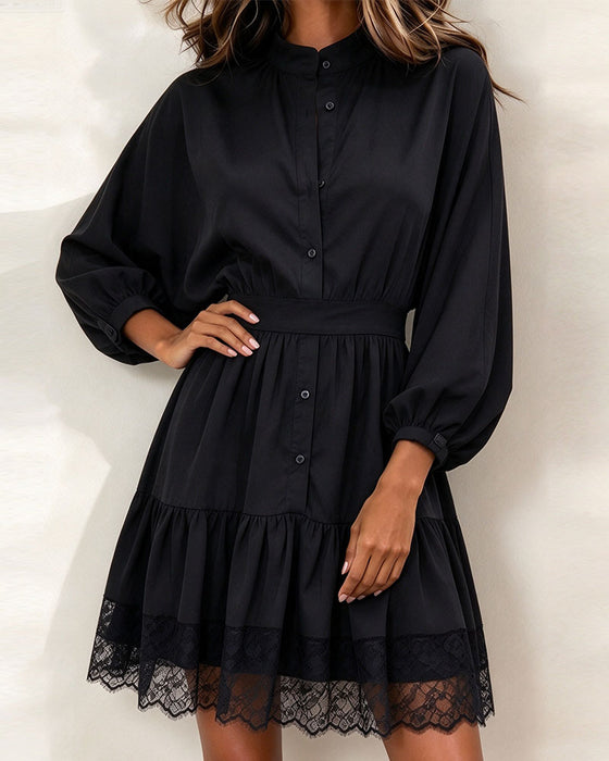 Stand Collar Lantern Sleeve Lace Patchwork Dress