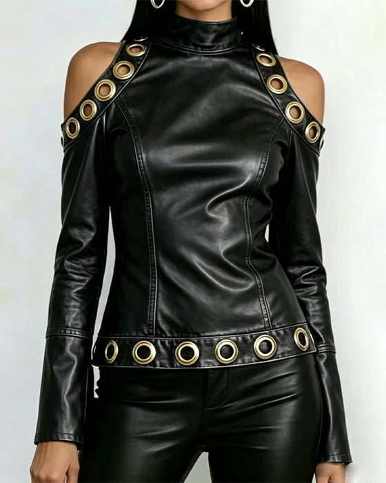 Cold shoulder Pu Leather Long Sleeve Top