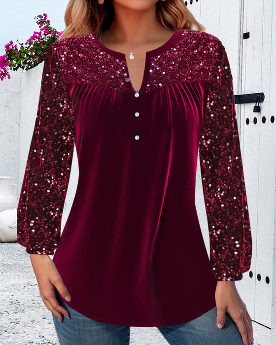 V-neck pleated sequined elegant top