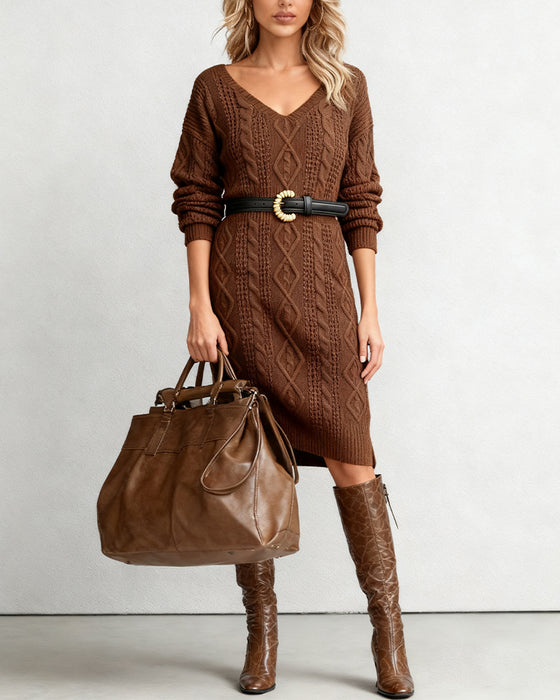 V-Neck Cable Knit Long-Sleeved Dress