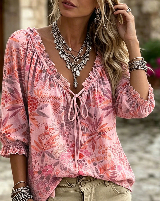 V-Neck Lace Up Blouse