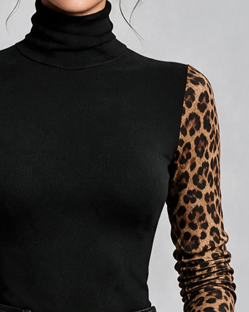 Leopard Print Spliced High-Neck Slim-Fit Top