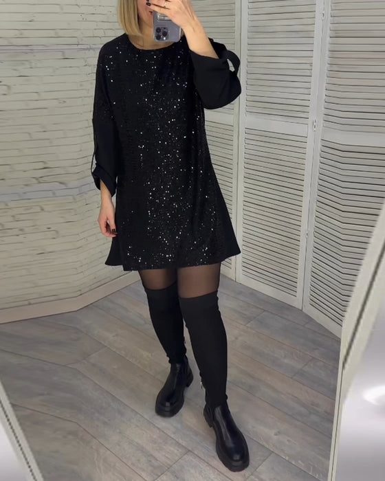Sequin ruched sleeve dress