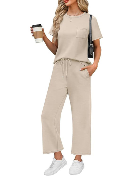 Solid Color Short Sleeve and Long Pants Set