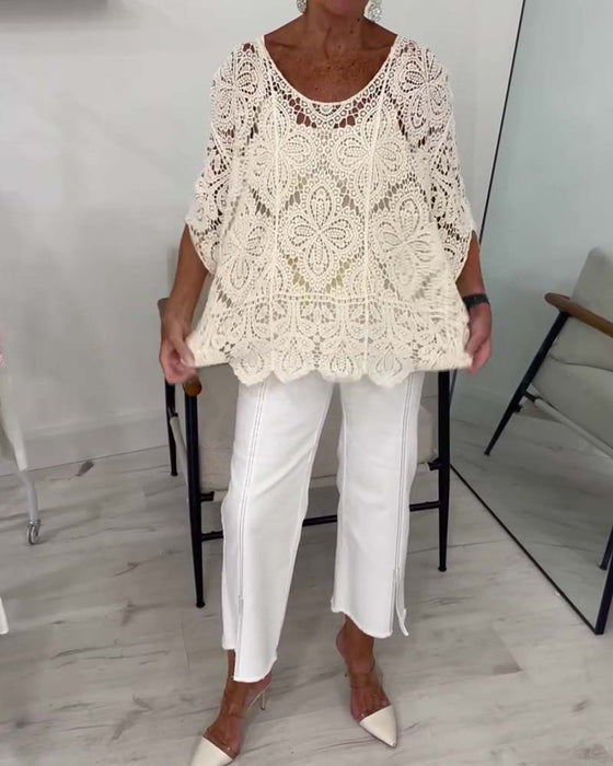 Three-Quarter Sleeve Cutout Pullover