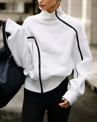 Mock Neck Zipper Drop Shoulder Relaxed Sweatshirt
