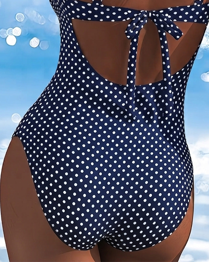 Polka Dot Tie Mesh Patchwork One-Piece