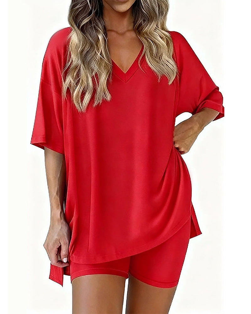 Relaxed Solid V-Neck Two-Piece Set