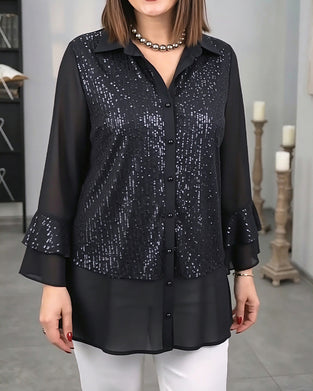 Lapel Buttoned Ruffle See-Through Top