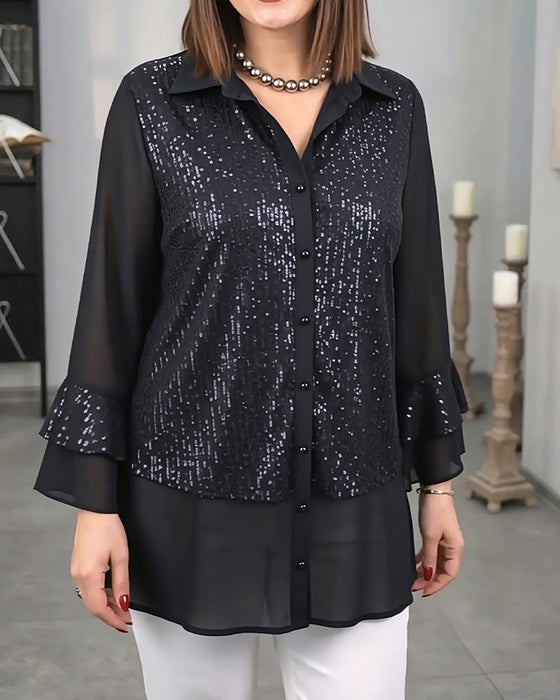 Lapel Buttoned Ruffle See-Through Top