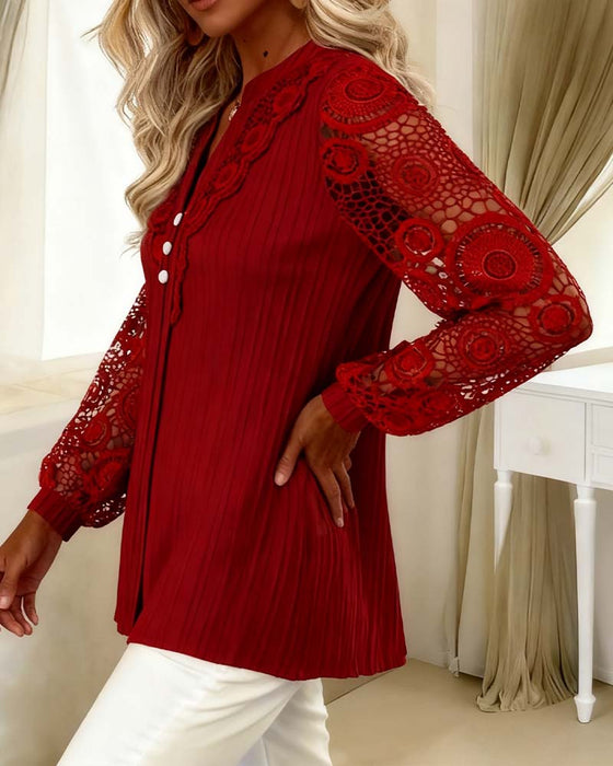 Lace Paneled Long-Sleeved V-Neck Blouse