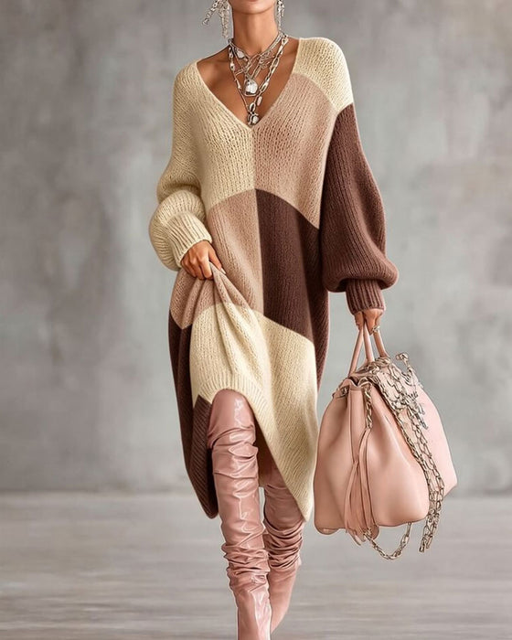 Plaid Color Block V-Neck Long Sweater Dress