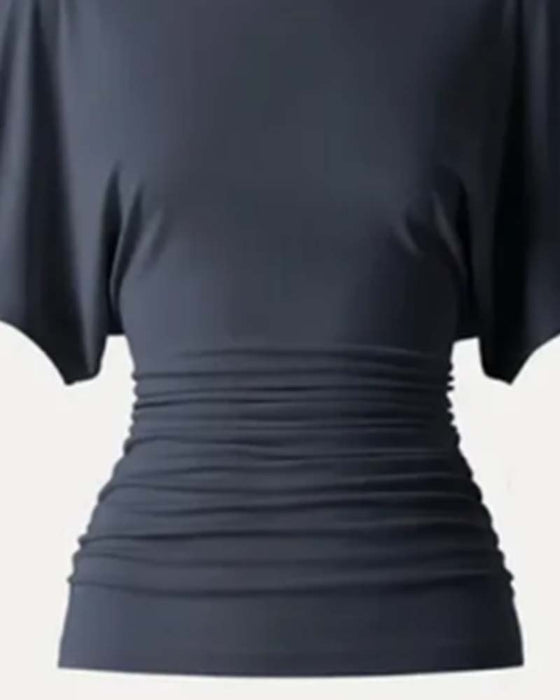 Casual Solid Pleated Short Sleeve Blouse