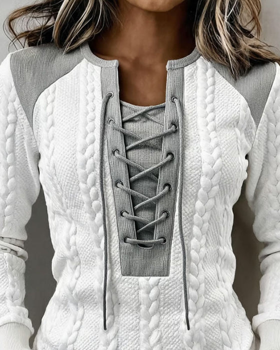 Cable Knit Patchwork Tie Fashion Top
