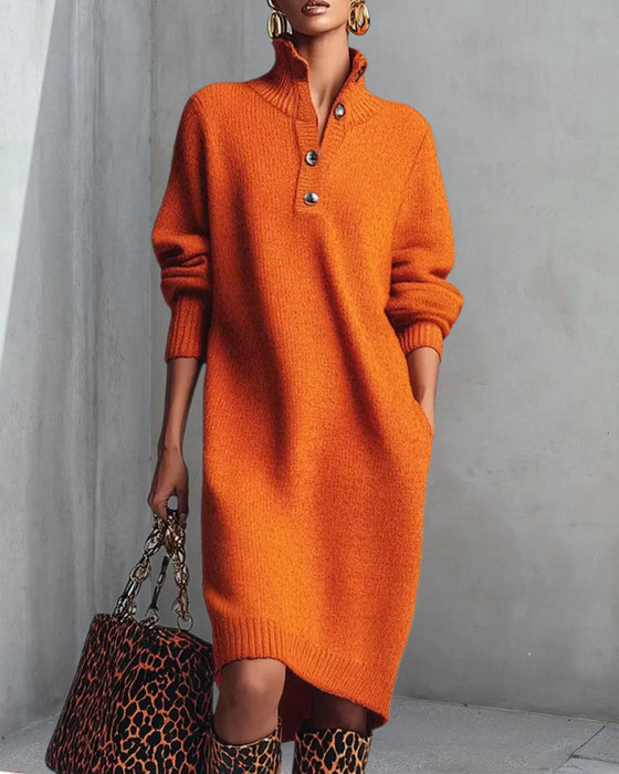 Solid Color Button High Neck Dress