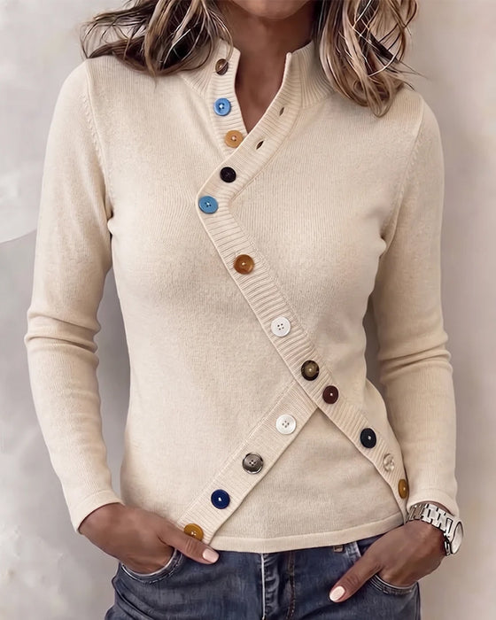 Mandarin Collar Color Block Asymmetrical Button Pullover