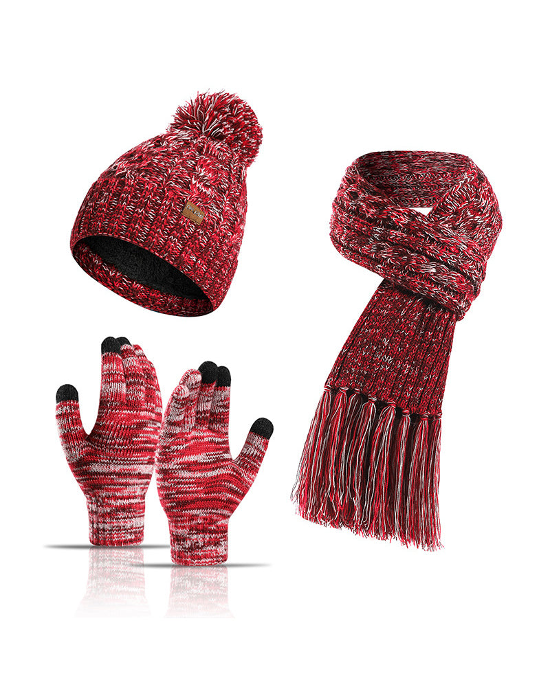 Hat Knitted Wool Three-Piece Set