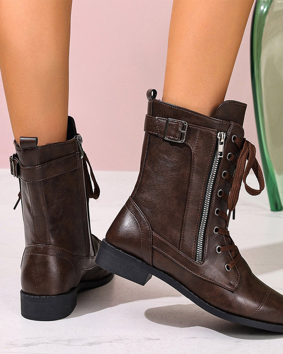 Women's Round Toe Side Zipper Leather Orthopedic Boots