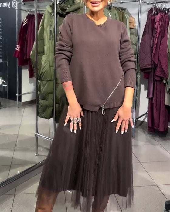 Zippered Stylish Crew Neck Sweater Set