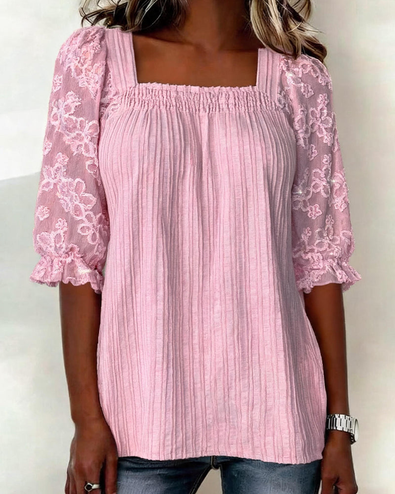 Relaxed Square Neck Puff Sleeve Smocked Blouse